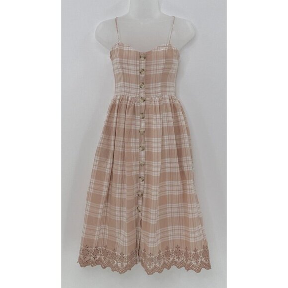 Harper Heritage Peach Beige Plaid‎ Spaghetti Button Eyelet Midi Dress XS Cottage - Picture 1 of 10